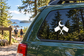 Referee vinyl decal with crescent moon and crossed batons on car window