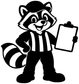 Vinyl decal of a raccoon referee mascot holding a clipboard with striped shirt