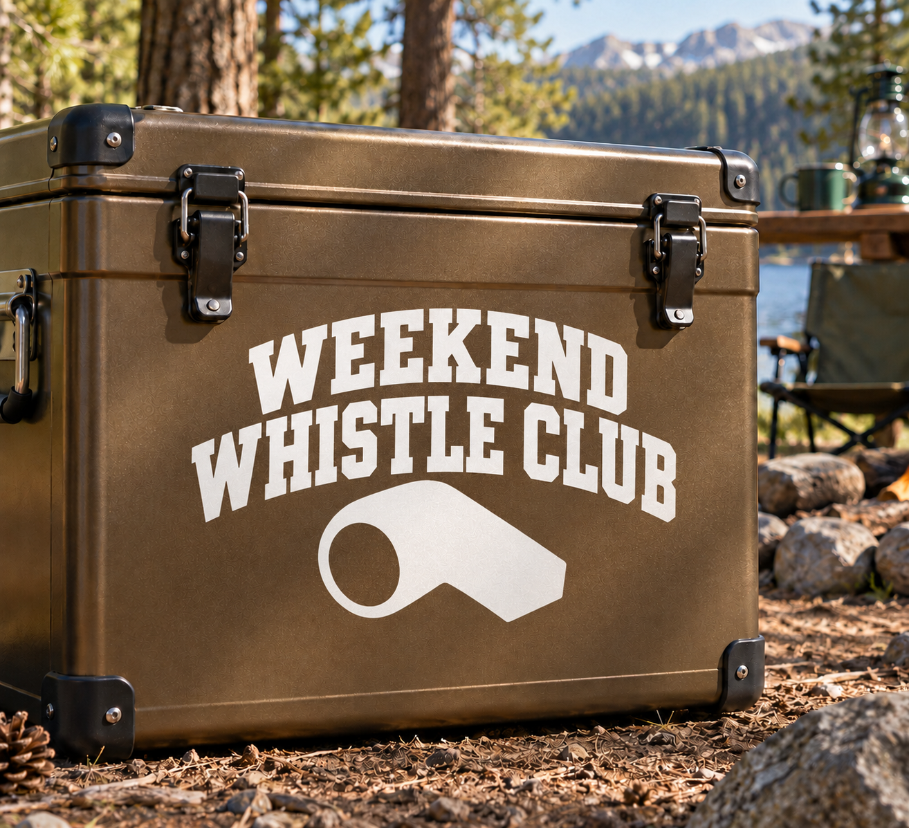 Weekend Whistle Club vinyl decal with whistle icon, white on dark background