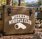 Weekend Whistle Club vinyl decal with whistle icon, white on dark background