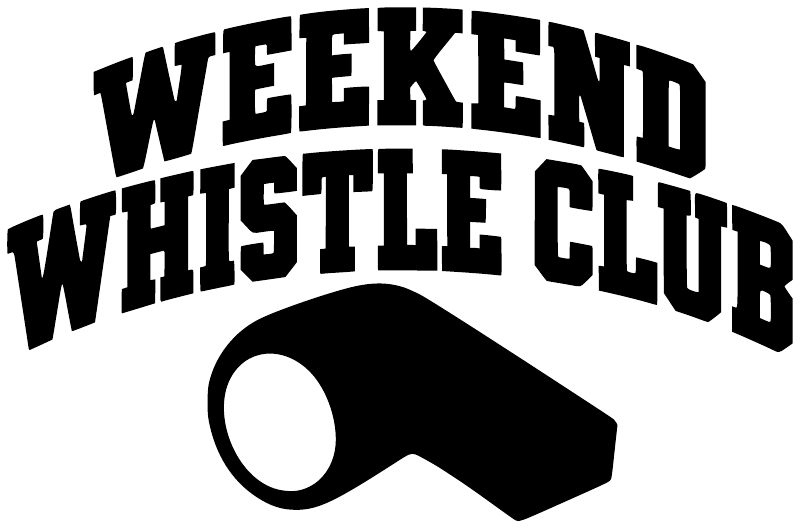 Weekend Whistle Club vinyl decal, black text with whistle icon on white