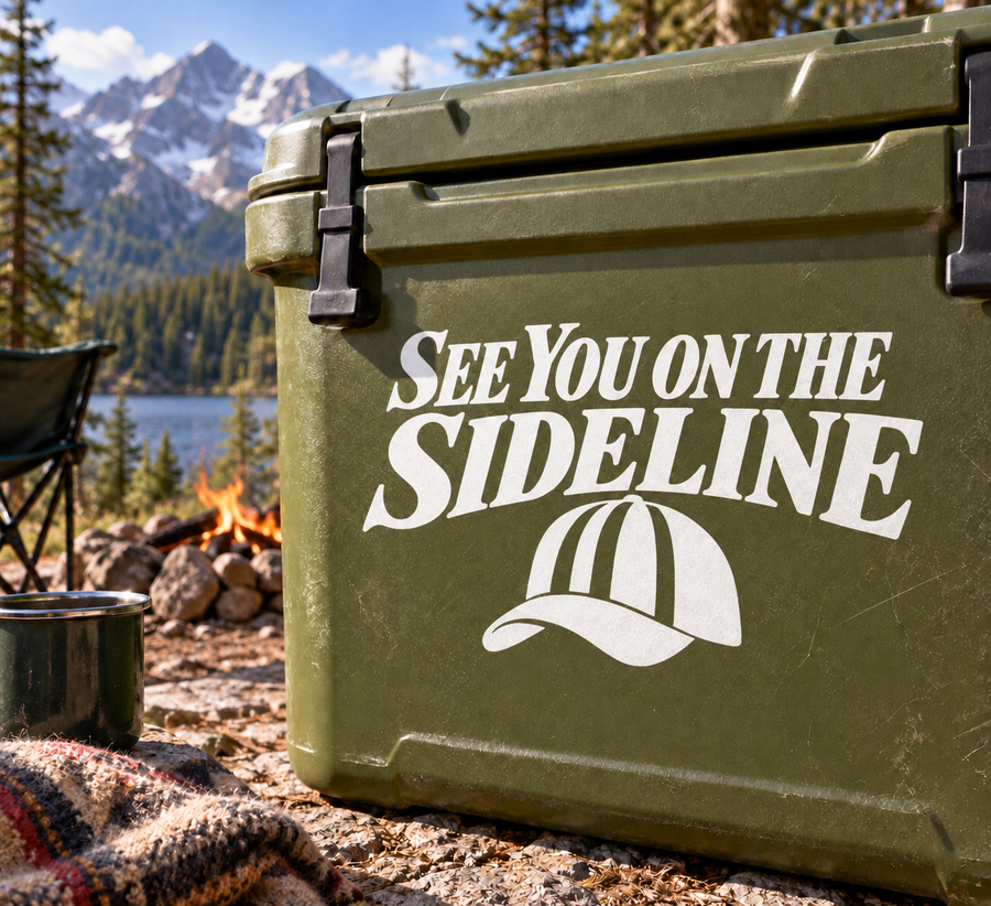 Referee sideline vinyl decal with text and hat icon on olive cooler