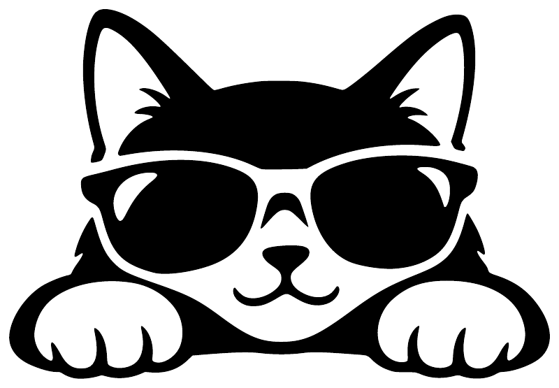 Cat sunglasses vinyl decal close-up, bold black-and-white graphic