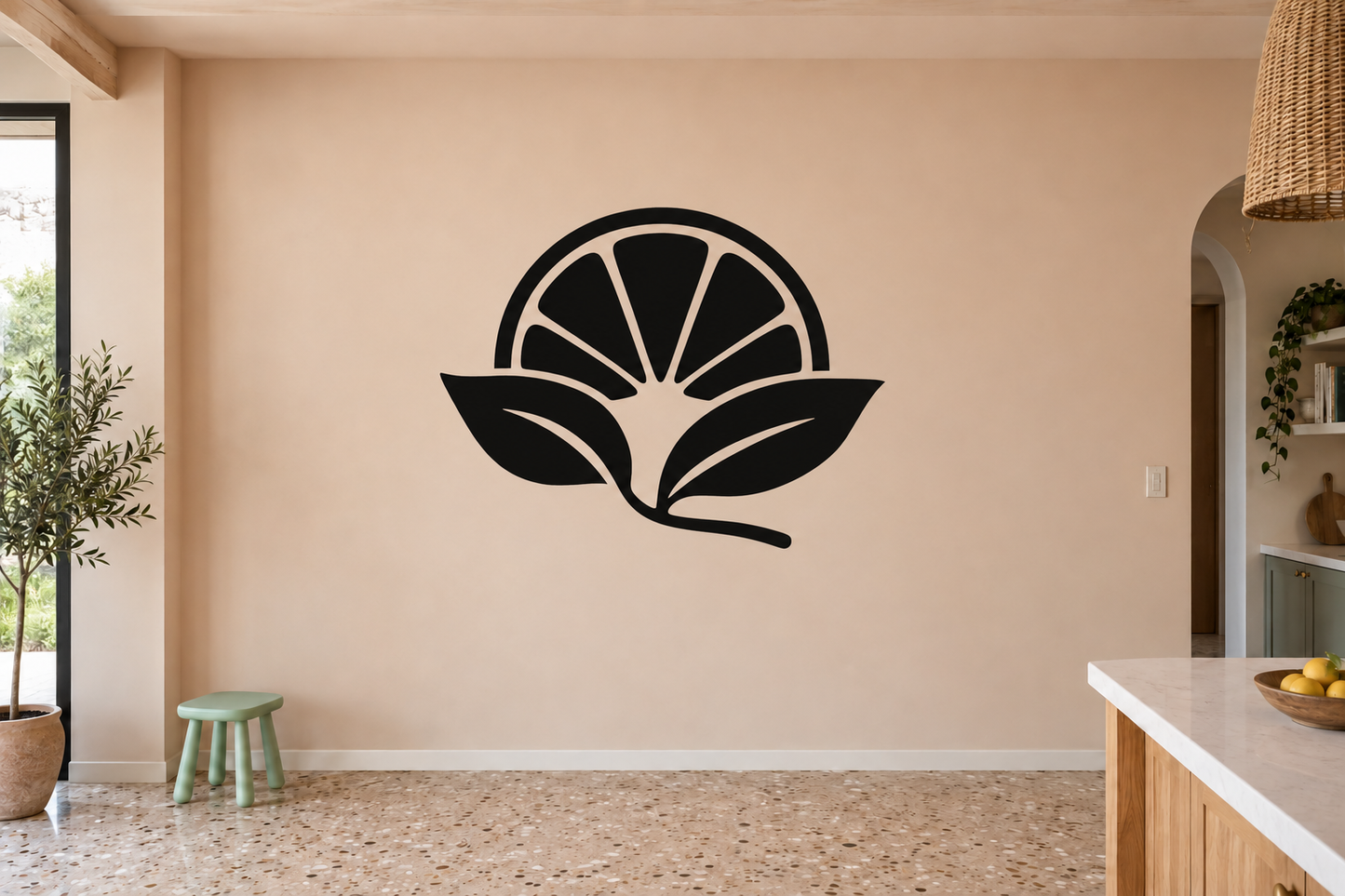 Citrus sunrise vinyl decal, black-and-white citrus blossom on flat surface