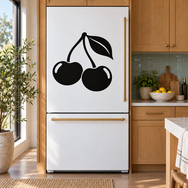 Pair of black cherry vinyl decals for refrigerator, matte fruit and stems