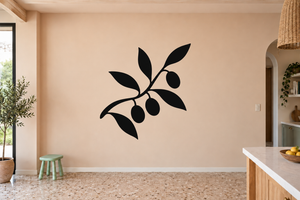 Black olive branch vinyl decal for kitchen walls, with curved leaves and olives