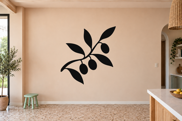 Black olive branch vinyl decal for kitchen walls, with curved leaves and olives