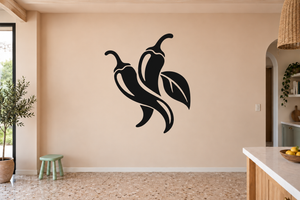 Black chili heat vinyl decal with three stylized pepper shapes for refrigerator