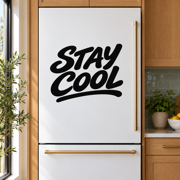 Refrigerator vinyl decal with bold "STAY COOL" lettering