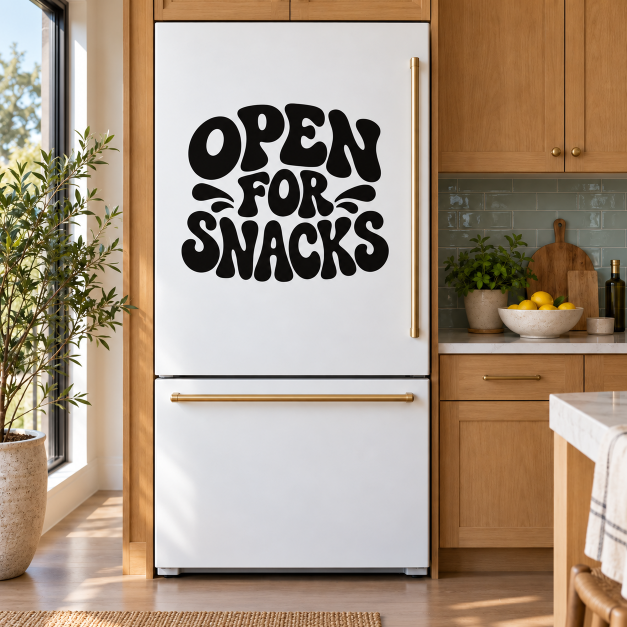 Refrigerator vinyl decal with bold black “Open for Snacks” lettering
