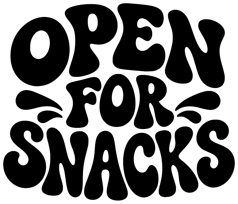 Vinyl decal with thick rounded “OPEN FOR SNACKS” black and white lettering