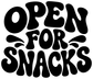 Vinyl decal with thick rounded “OPEN FOR SNACKS” black and white lettering