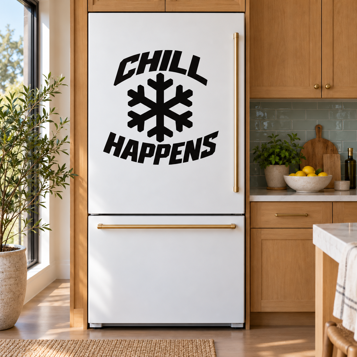 Vinyl refrigerator decal with black "CHILL HAPPENS" text and snowflake graphic