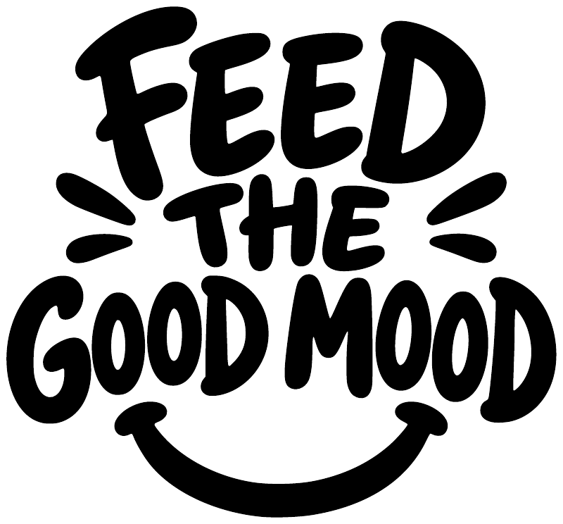 Vinyl decal close-up with bold black 'FEED THE GOOD MOOD' text and smile graphic.