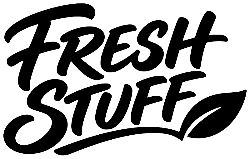 Vinyl decal close-up of black 'Fresh Stuff' lettering with swooshed underline