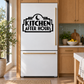 Black vinyl refrigerator decal with "Kitchen After Hours" typography