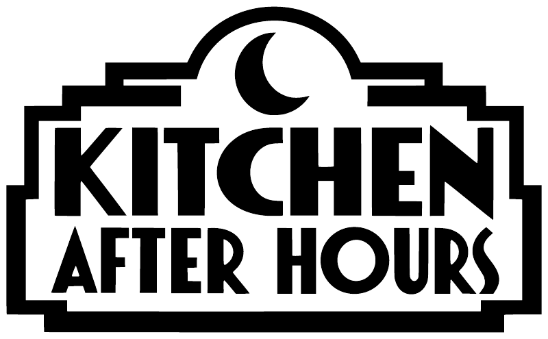 Black vinyl decal close-up: arched "Kitchen After Hours" text with moon icon
