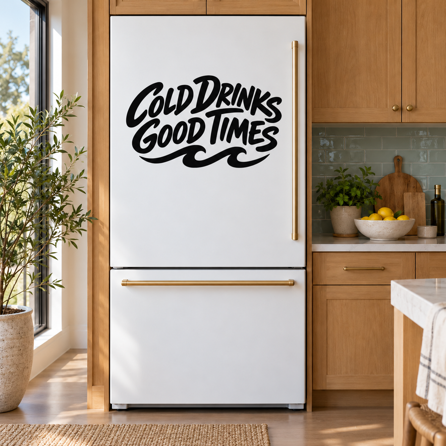Vinyl refrigerator decal with “COLD DRINKS GOOD TIMES” in black script lettering