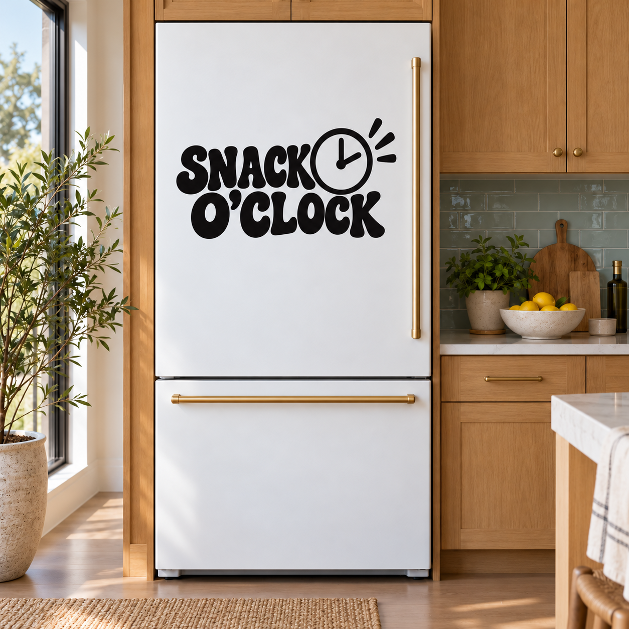 Black "SNACK O'CLOCK" vinyl decal with clock icon for refrigerator door