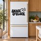 Black "SNACK O'CLOCK" vinyl decal with clock icon for refrigerator door
