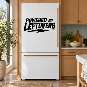 Powered by Leftovers vinyl decal, bold black lettering on white background.