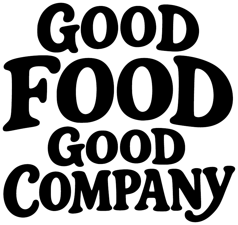 Vinyl decal close-up of bold black 'GOOD FOOD' and 'GOOD COMPANY' text