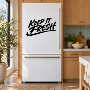 Vinyl refrigerator decal reading “KEEP IT FRESH” on a white fridge door