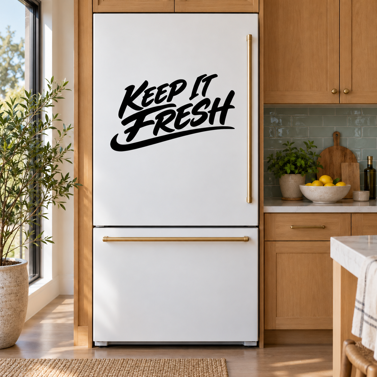 Vinyl refrigerator decal reading “KEEP IT FRESH” on a white fridge door