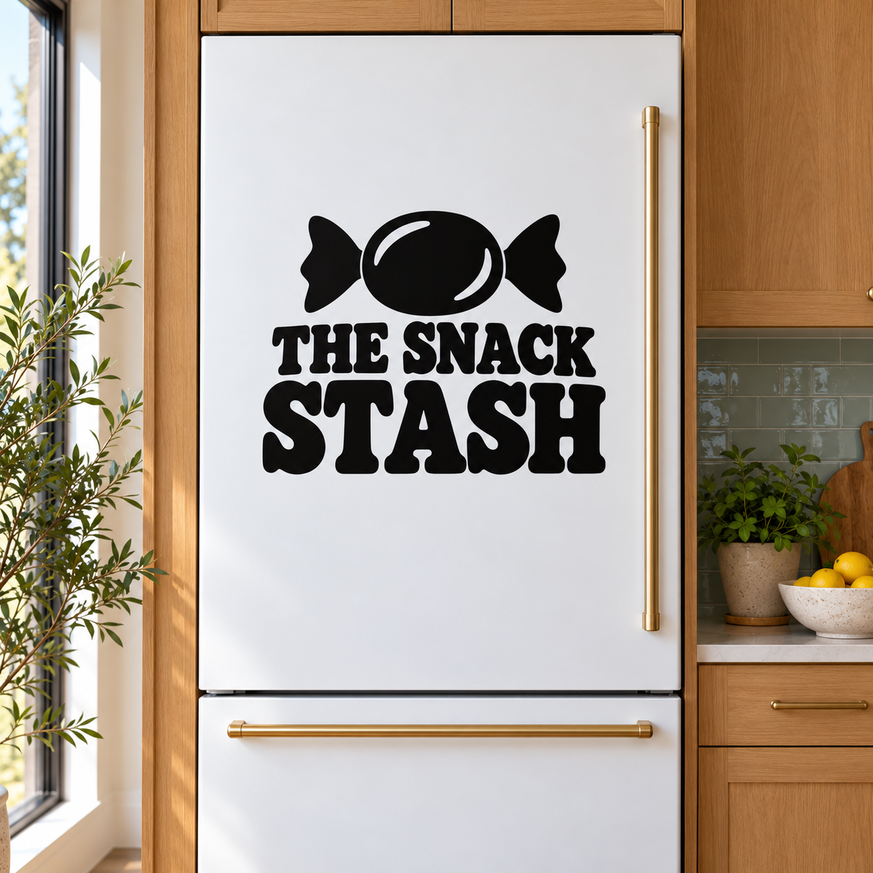 Black vinyl decal with 'THE SNACK STASH' text and candy icon on a refrigerator door.