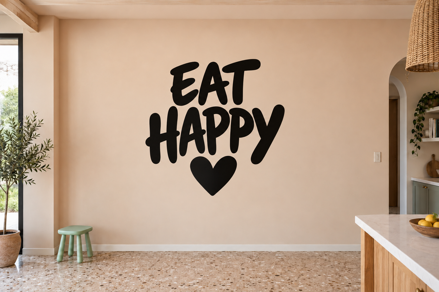 Eat Happy vinyl decal with black lettering and heart
