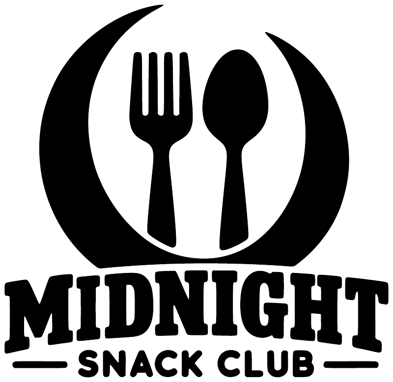 Midnight Snack Club vinyl decal, black fork and spoon icon with MIDNIGHT text