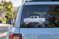 Rivian R1T side profile vinyl decal, white truck outline on vehicle glass
