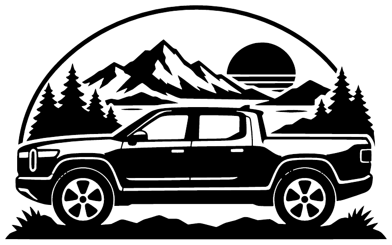 Rivian R1T adventure side vinyl decal artwork: truck with mountains, trees, and sunset