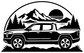 Rivian R1T adventure side vinyl decal artwork: truck with mountains, trees, and sunset