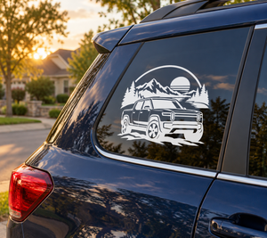 Rivian R1T vinyl decal showing an off-road truck with mountain and sunset scene