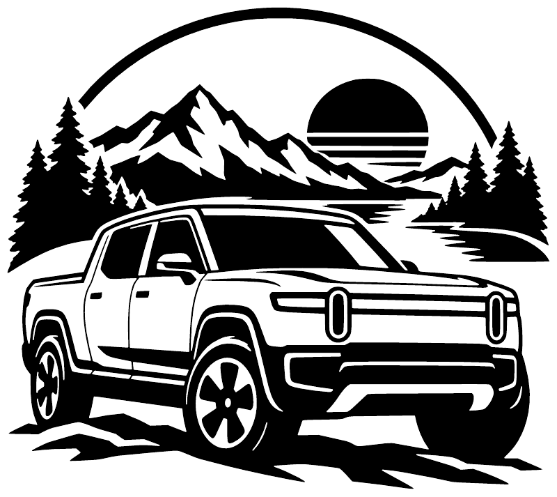 Rivian R1T vinyl decal design: off-road truck, mountains, pine trees, and sunset