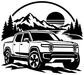 Rivian R1T vinyl decal design: off-road truck, mountains, pine trees, and sunset