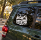 Adventure off-road Rivian vinyl decal, low-angle truck with mountains and pine trees