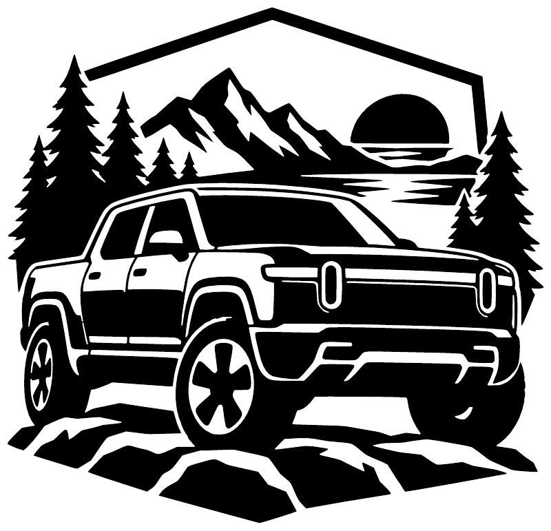 Black and white off-road truck vinyl decal with mountains, pine trees, and desert-style lines