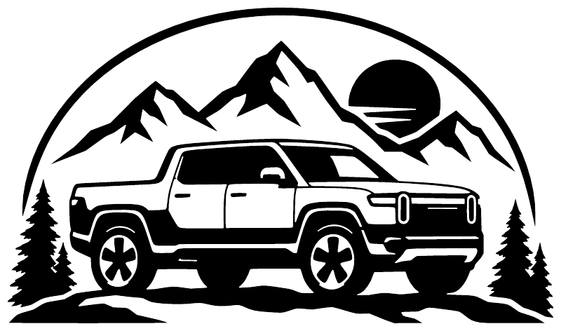 Vinyl decal graphic: off-road pickup with mountain range, trees, and circular border