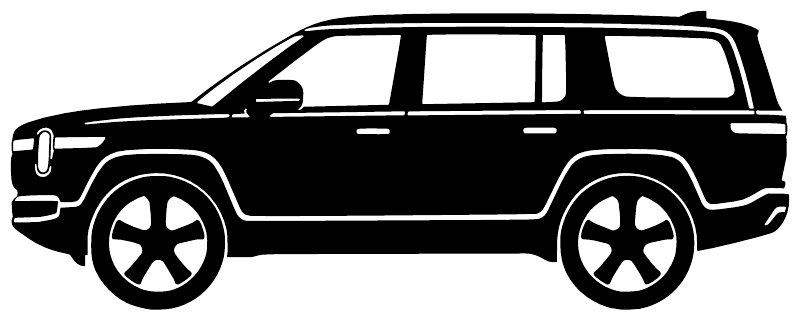 Rivian R1S side profile vinyl decal, white SUV with star-wheel icon wheels