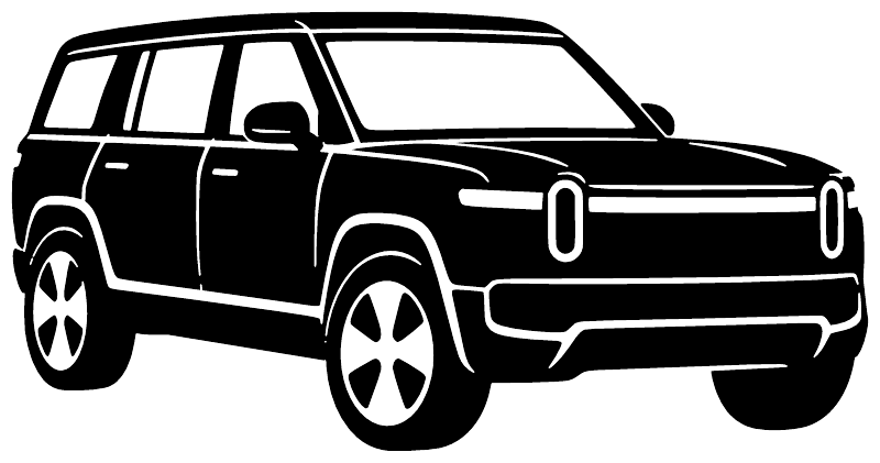Rivian R1S front three-quarter vinyl decal, black outline car graphic.