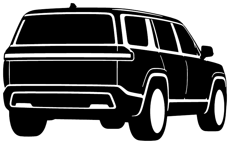 Rivian R1S rear three-quarter vinyl decal, white outline side vehicle graphic