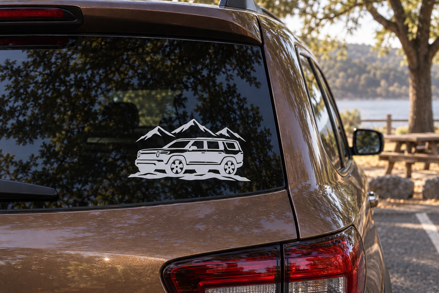 Vinyl decal showing SUV with mountains in white outline on car window