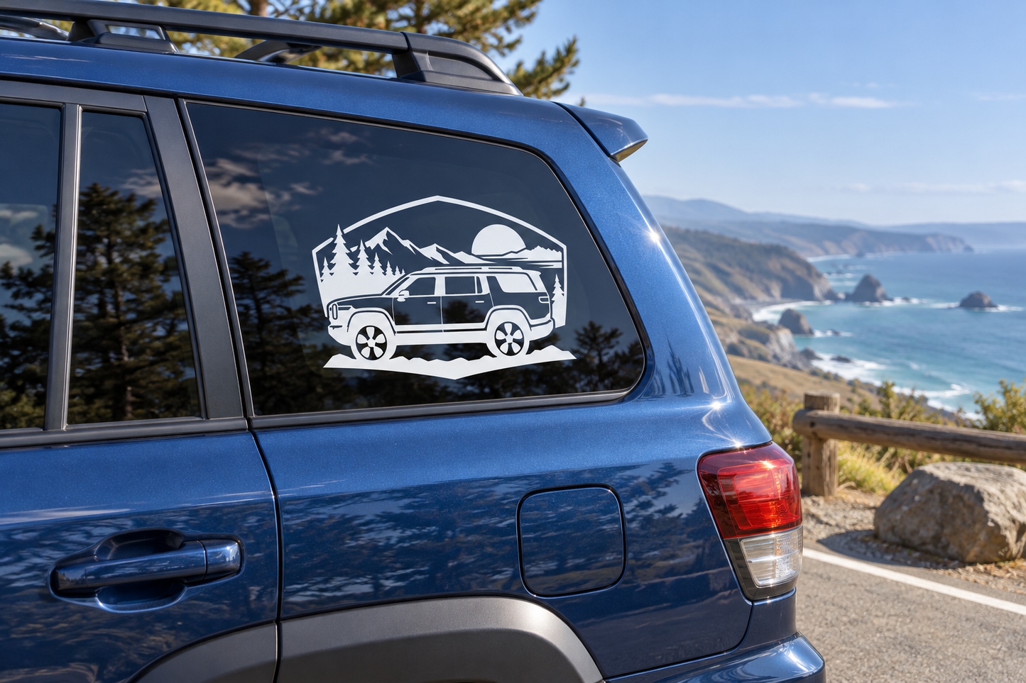 White adventure side-profile vinyl decal with SUV, trees, and mountains on a blue vehicle