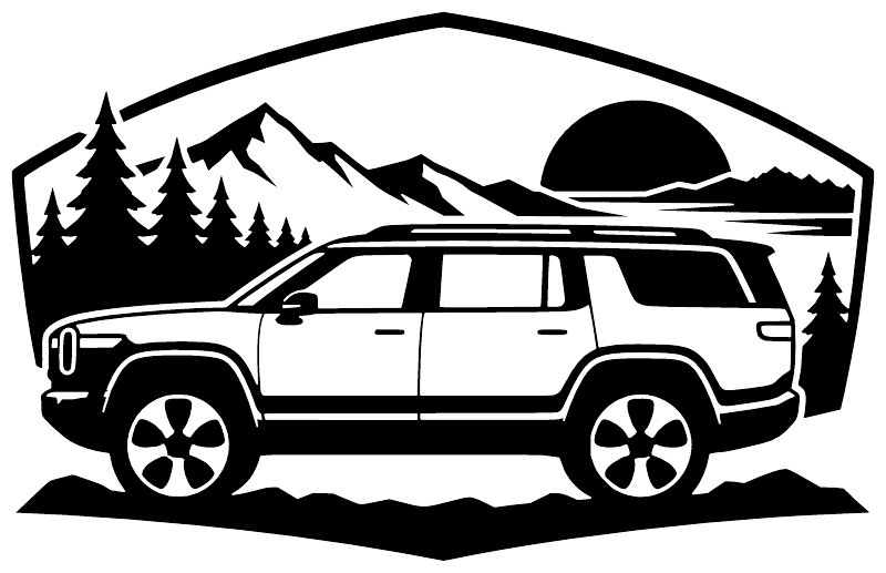 Black-and-white adventure side-profile SUV vinyl decal with trees and mountains