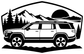 Black-and-white adventure side-profile SUV vinyl decal with trees and mountains