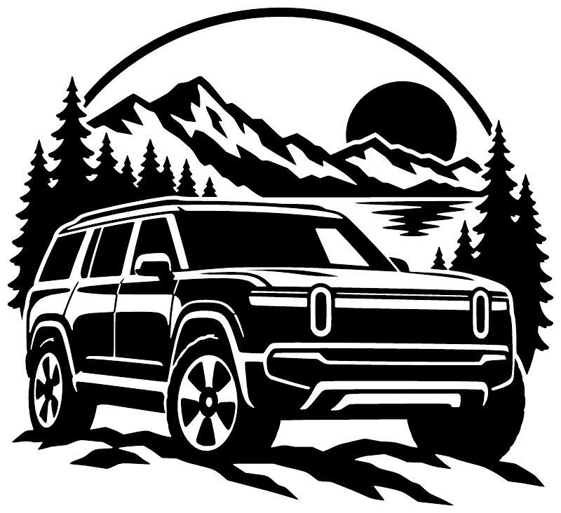 Vinyl decal close-up: white off-road SUV graphic over mountains, forest, and sun