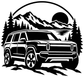 Vinyl decal close-up: white off-road SUV graphic over mountains, forest, and sun