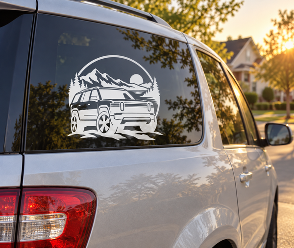 White adventure vehicle vinyl decal with mountains, trees, and moon on a car window